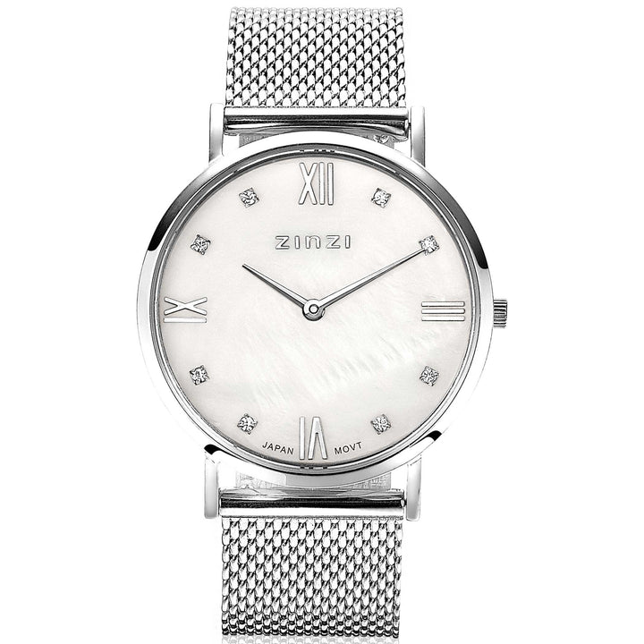 ZINZI Roman horloge witte parelmoer wijzerplaat, witte zirconia&