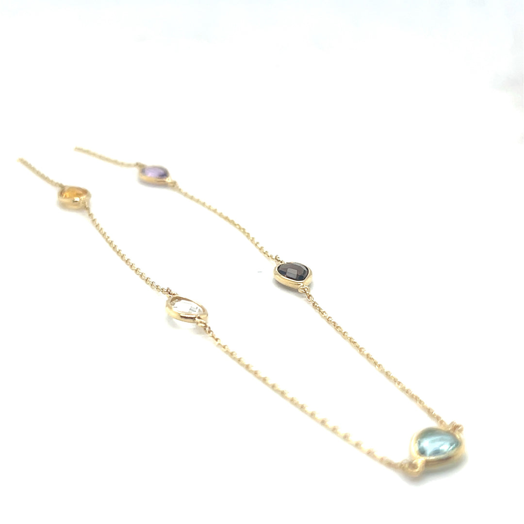 14 kt geelgouden collier met diverse edelstenen op lengte 42-45 cm