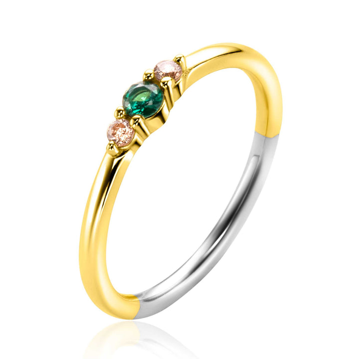 ZINZI gold plated zilveren ring met groene en champagne kleurstenen 3 mm – ZIR2562