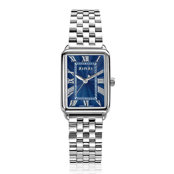 ZINZI Elegance horloge blauwe wijzerplaat en rechthoekige kast stalen schakelband 28mm extra dun ZIW1955