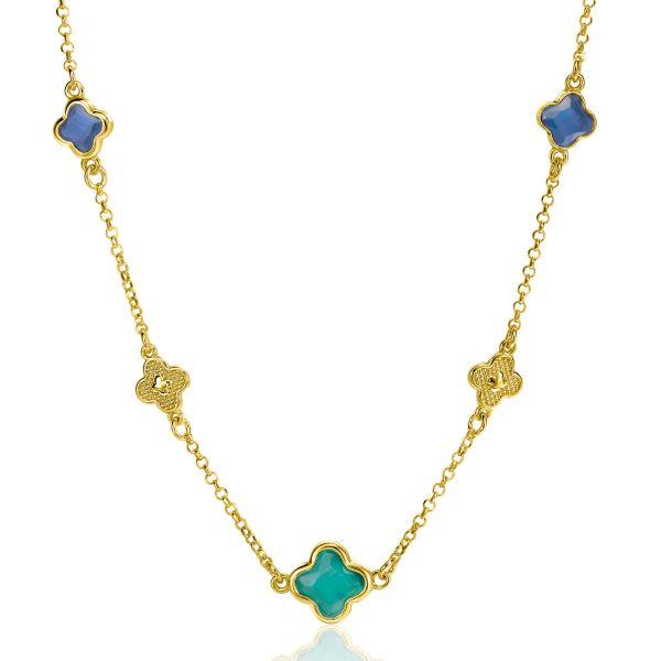 ZINZI gold plated zilveren schakel ketting met twee donkerblauwe klavers en een grotere groene klaver 40-45cm ZIC2583