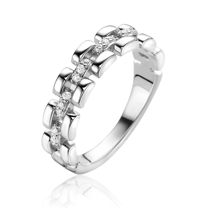 ZINZI zilveren ring met rolex-style schakels en de middenbaan bezet met witte zirconia's 5mm breed ZIR2504.
