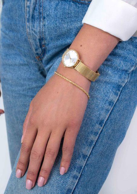 ZINZI Lady Crystal horloge zilvergekleurde wijzerplaat, geelgoudkleurige kast en stalen mesh band, witte crystals bij uuraanduiding, 28mm extra dun ZIW633M.