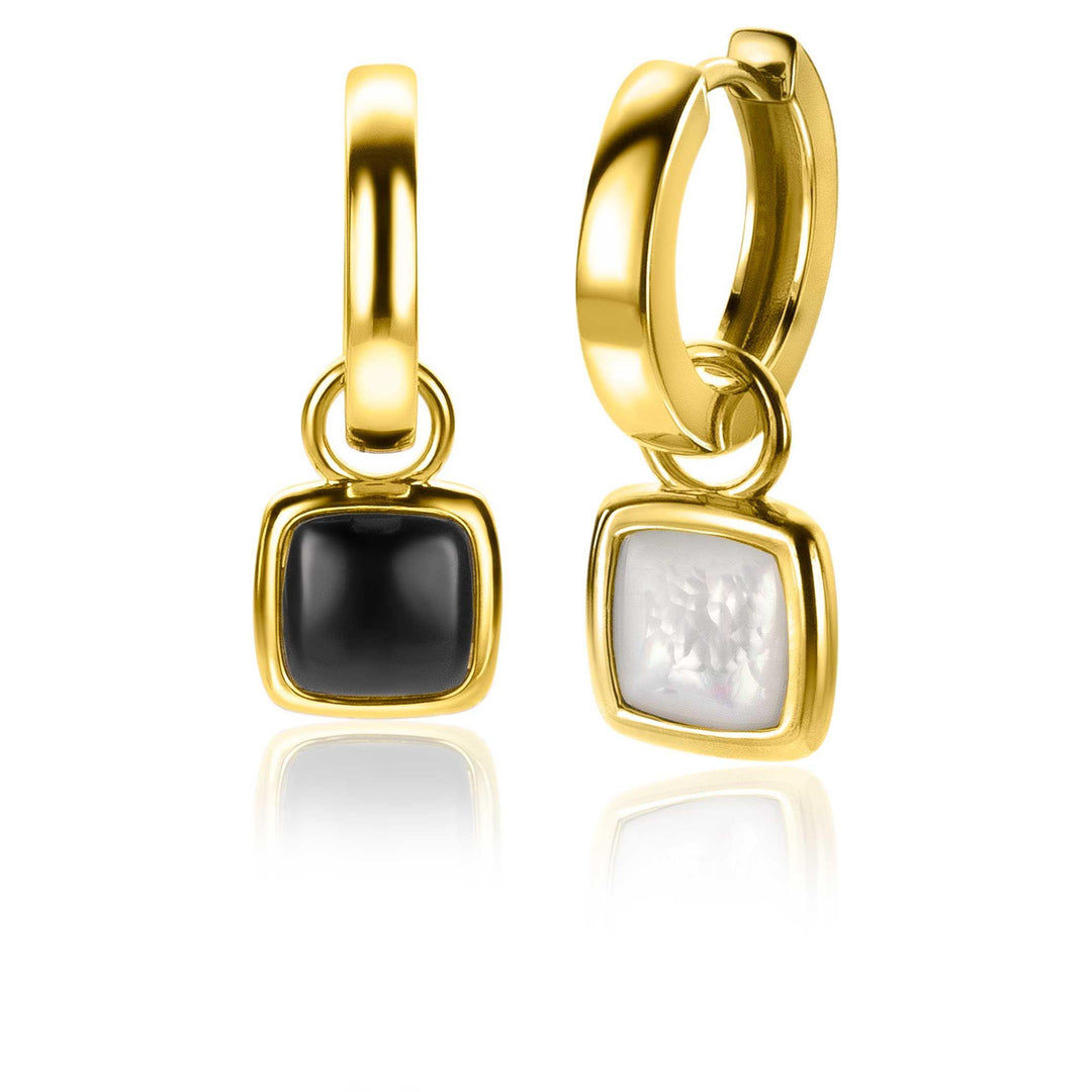 ZINZI zilveren oorbedels extra 14K geel verguld vierkant tweezijdig zwarte onyx en witte parelmoer 10mm ZICH2257G
