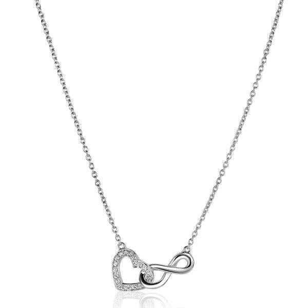 ZINZI zilveren ketting met Infinity teken verbonden met een open hart, bezet met witte zirconia's 42-45cm ZIC2596