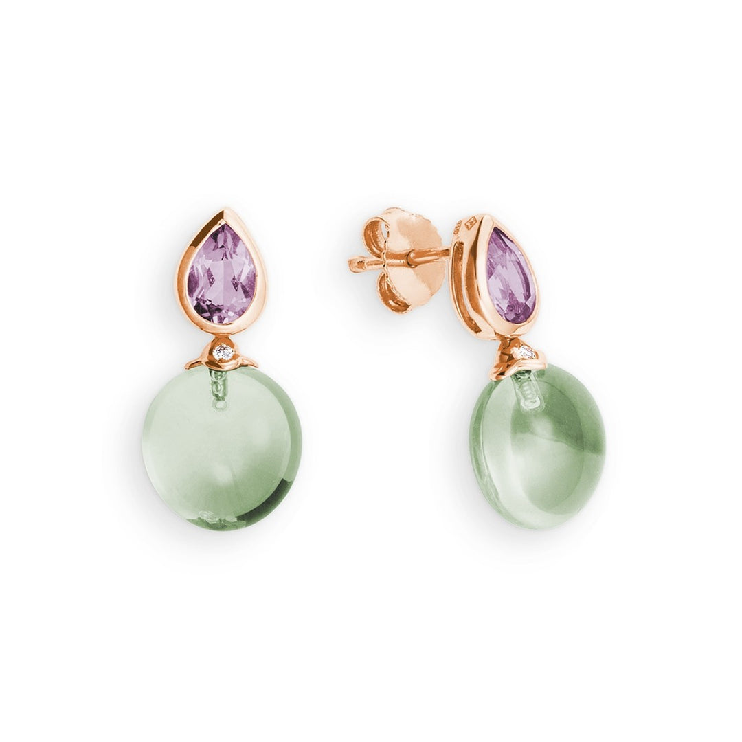 Oorsteker 18 kt Roségoud Groene & Paarse Amethis