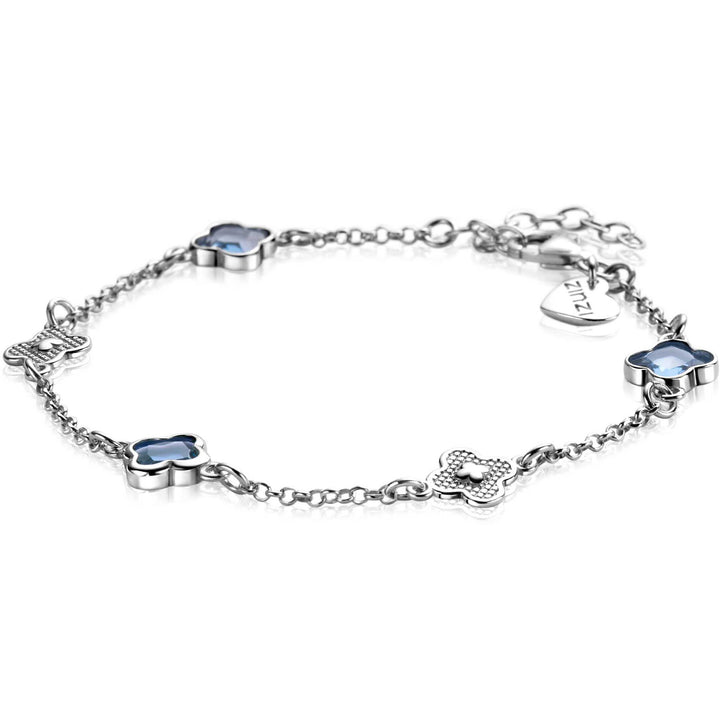 ZINZI zilveren schakel armband met twee zilveren en drie blauwe klavers 16-19cm ZIA2582