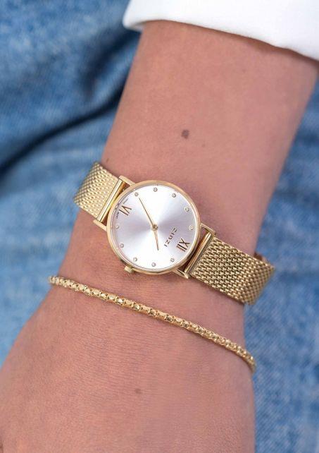 ZINZI Lady Crystal horloge zilvergekleurde wijzerplaat, geelgoudkleurige kast en stalen mesh band, witte crystals bij uuraanduiding, 28mm extra dun ZIW633M.