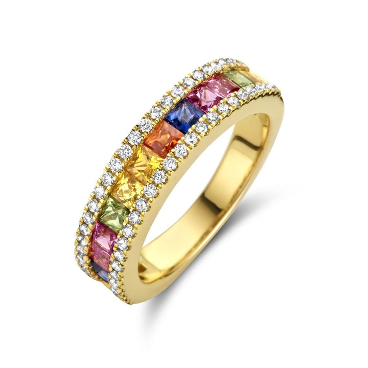 14 kt geelgouden regenboog ring saffier & Diamant