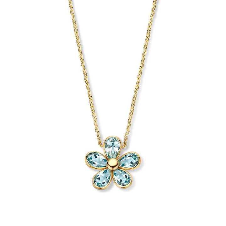 Geelgouden collier met speelse bloemhanger gezet met blauwe topaas.