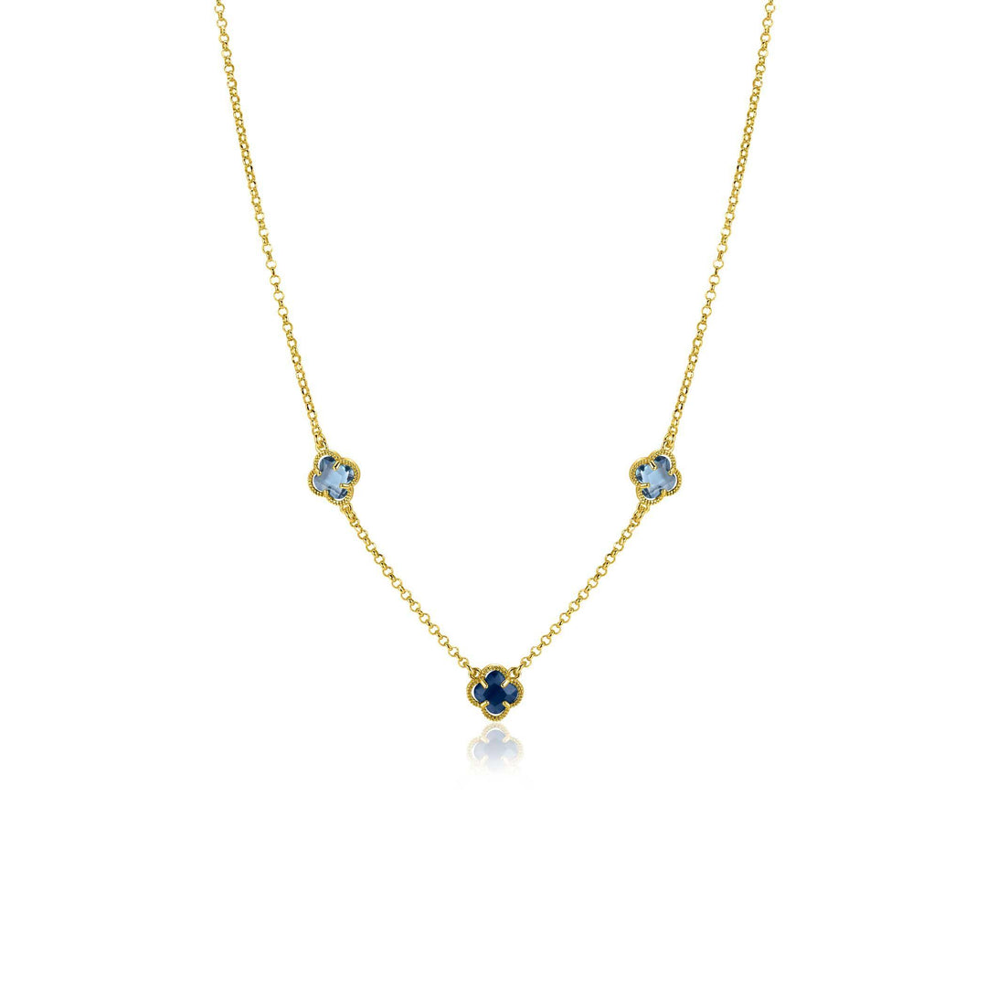 ZINZI gold plated zilveren schakelketting met twee lichtblauwe klavers en een donkerblauwe klaver 42-45cm ZIC2662B