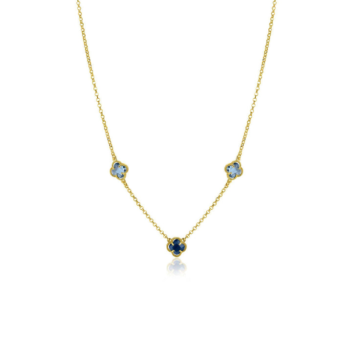 ZINZI gold plated zilveren schakelketting met twee lichtblauwe klavers en een donkerblauwe klaver 42-45cm ZIC2662B