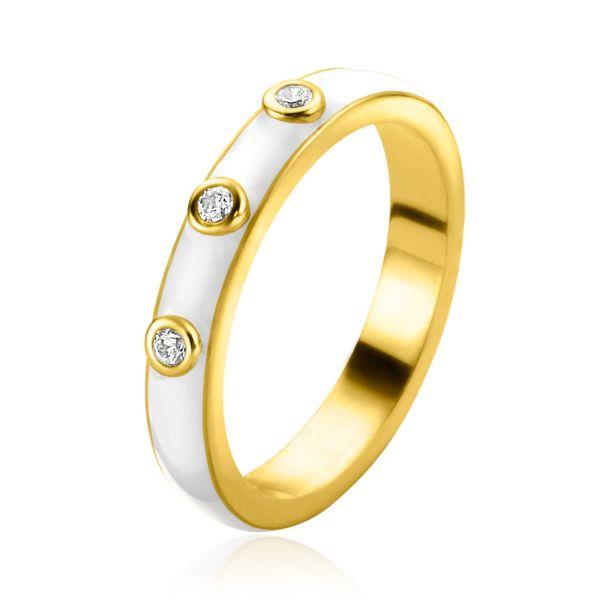 ZINZI gold plated zilveren aanschuifring trendy wit emaille en witte zirconia&