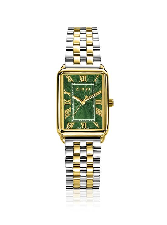 ZINZI Elegance horloge groene wijzerplaat en rechthoekige kast stalen bicolor schakelband 28mm extra dun ZIW1935