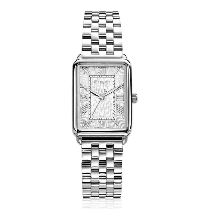 ZINZI Elegance horloge witte wijzerplaat en rechthoekige kast stalen schakelband 28mm extra dun ZIW1906